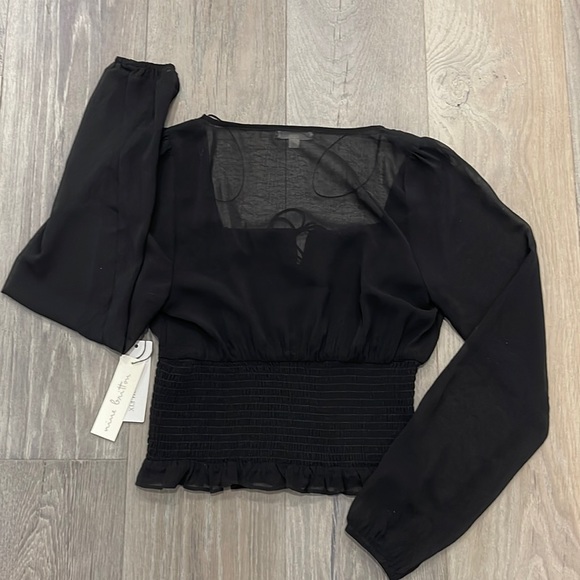 nine britton sheer black long puff sleeve scoop neck smocked peasant blouse-S - Picture 5 of 9